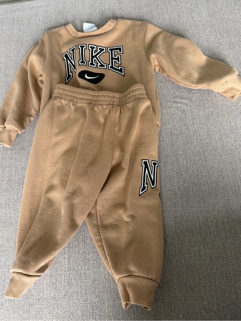 Nike Kids Tan Crewneck One-Piece Sweat Set with Logo